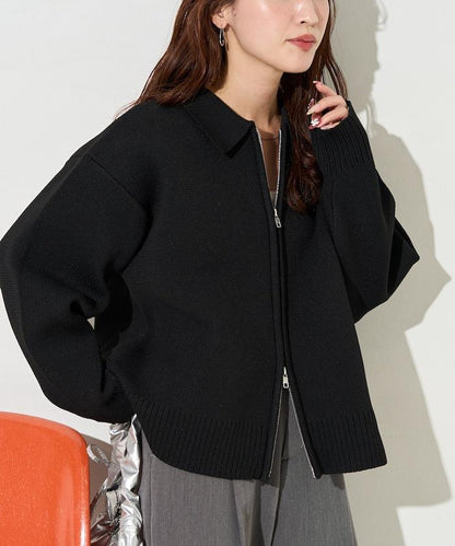 輕量針織翻領雙拉鍊開衫