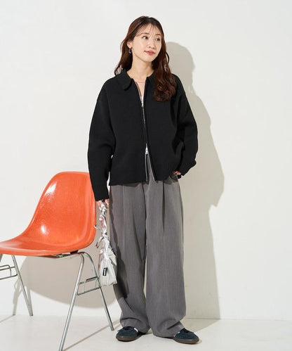 輕量針織翻領雙拉鍊開衫