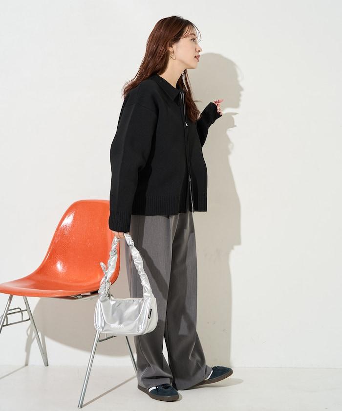 輕量針織翻領雙拉鍊開衫