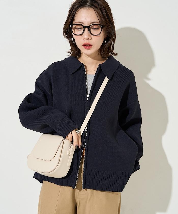 輕量針織翻領雙拉鍊開衫