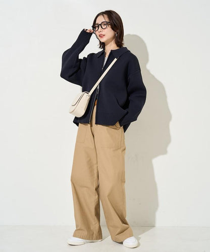 輕量針織翻領雙拉鍊開衫