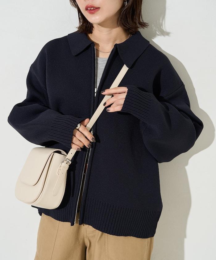 輕量針織翻領雙拉鍊開衫