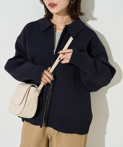 輕量針織翻領雙拉鍊開衫