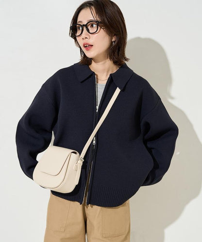輕量針織翻領雙拉鍊開衫