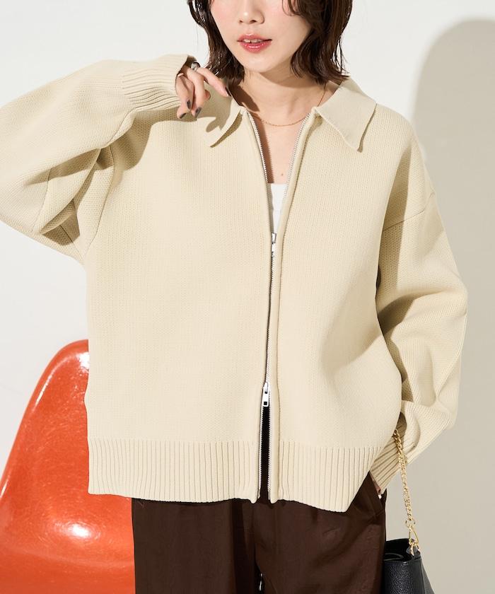 輕量針織翻領雙拉鍊開衫