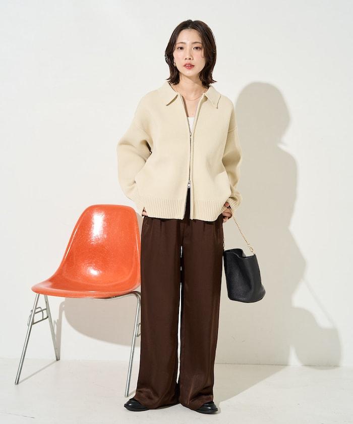 輕量針織翻領雙拉鍊開衫