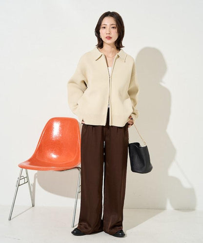 輕量針織翻領雙拉鍊開衫