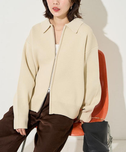 輕量針織翻領雙拉鍊開衫