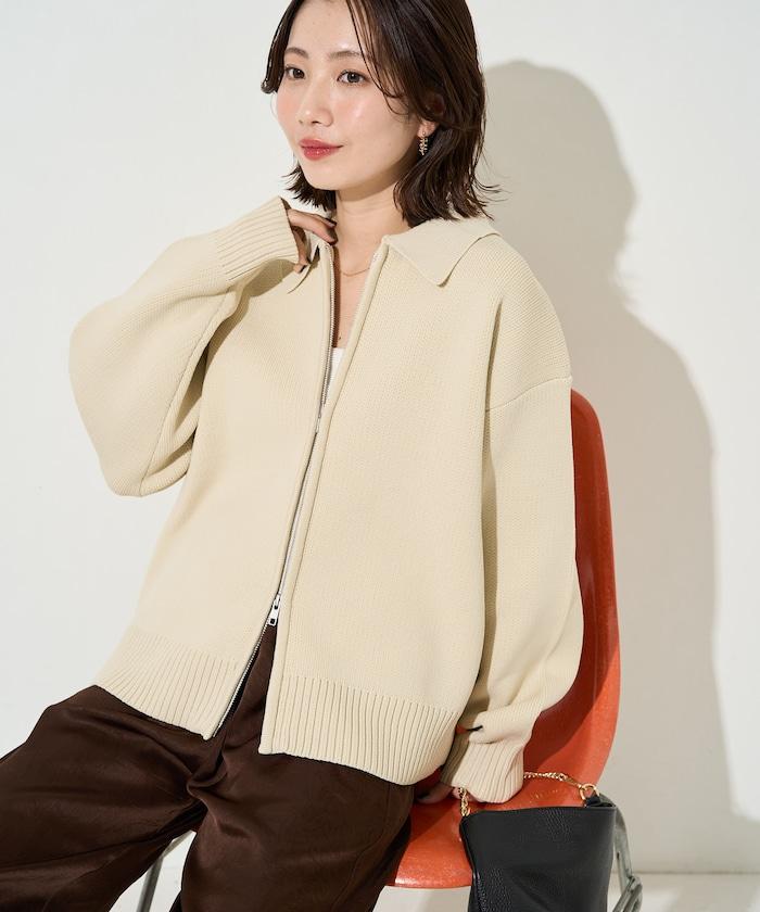 輕量針織翻領雙拉鍊開衫