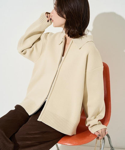 輕量針織翻領雙拉鍊開衫