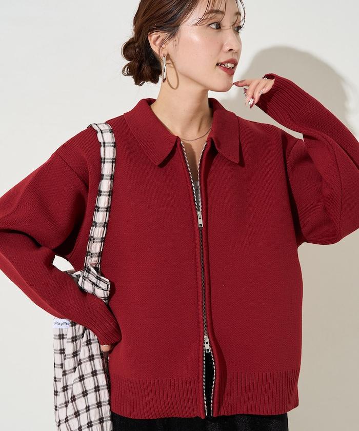 輕量針織翻領雙拉鍊開衫