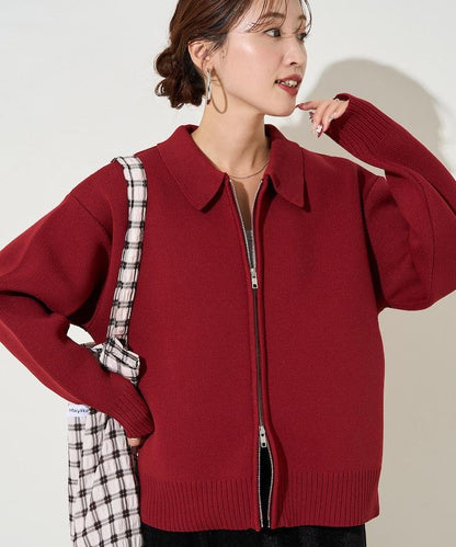 輕量針織翻領雙拉鍊開衫