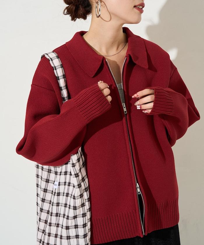 輕量針織翻領雙拉鍊開衫