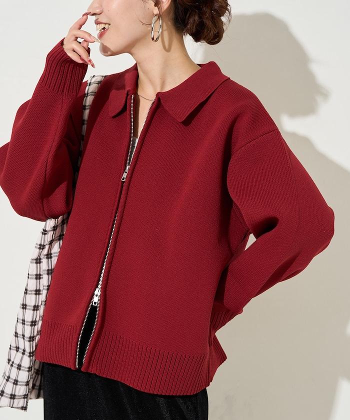 輕量針織翻領雙拉鍊開衫