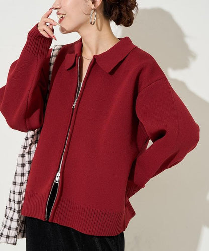 輕量針織翻領雙拉鍊開衫