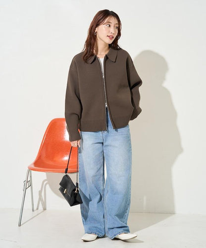 輕量針織翻領雙拉鍊開衫