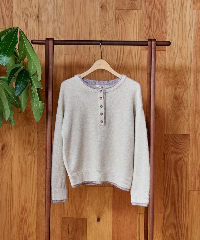 拼色亨利領針織套頭衫