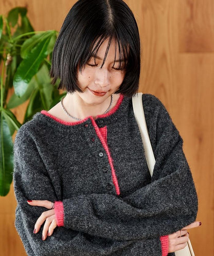 拼色亨利領針織套頭衫