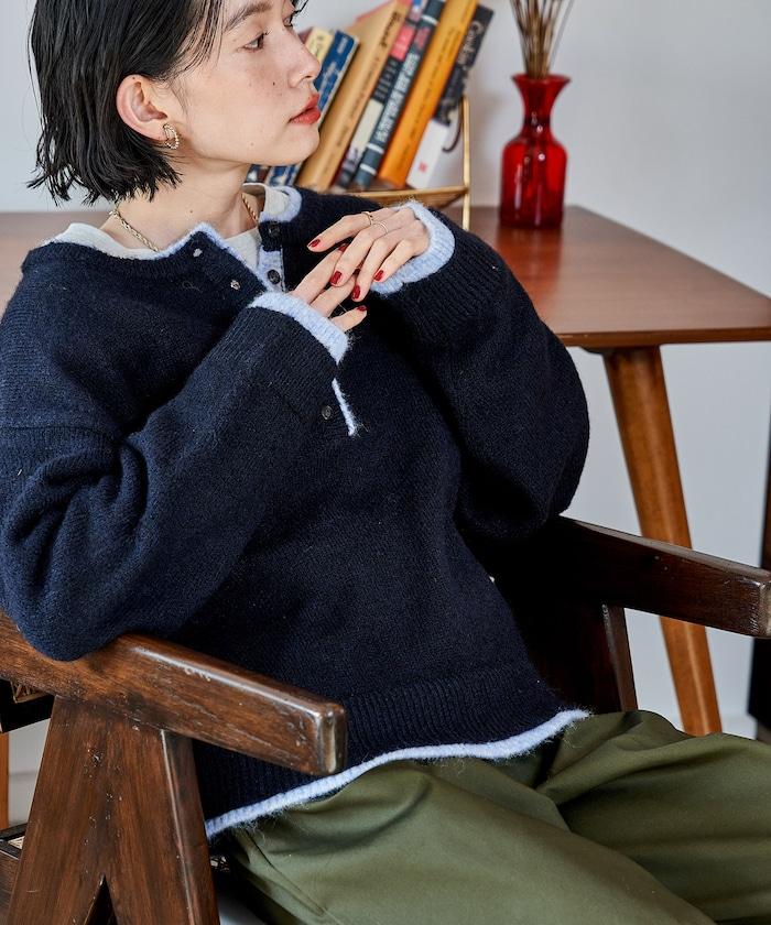 拼色亨利領針織套頭衫