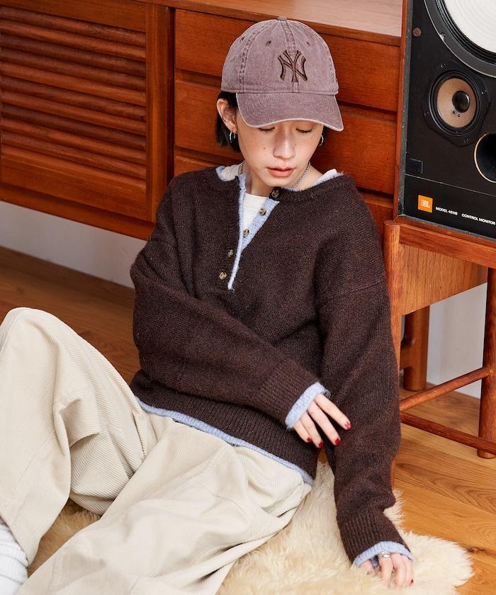 拼色亨利領針織套頭衫