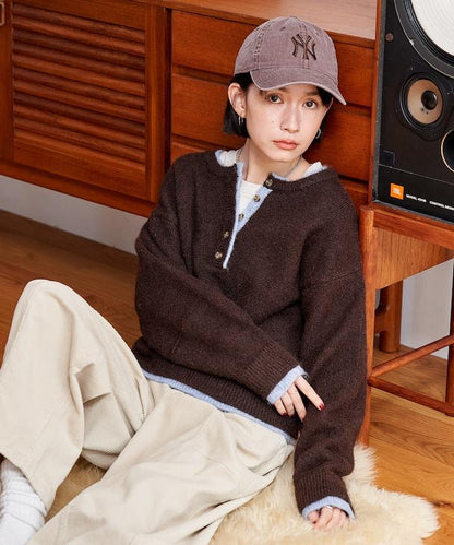 拼色亨利領針織套頭衫