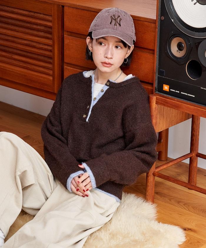 拼色亨利領針織套頭衫