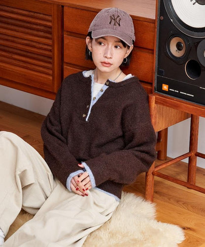 拼色亨利領針織套頭衫