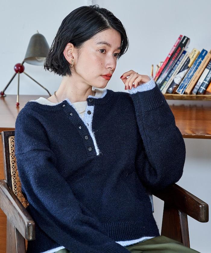 拼色亨利領針織套頭衫