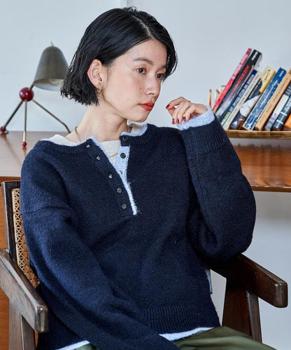 拼色亨利領針織套頭衫