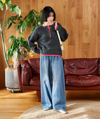 拼色亨利領針織套頭衫