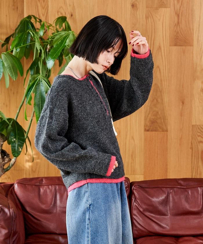 拼色亨利領針織套頭衫