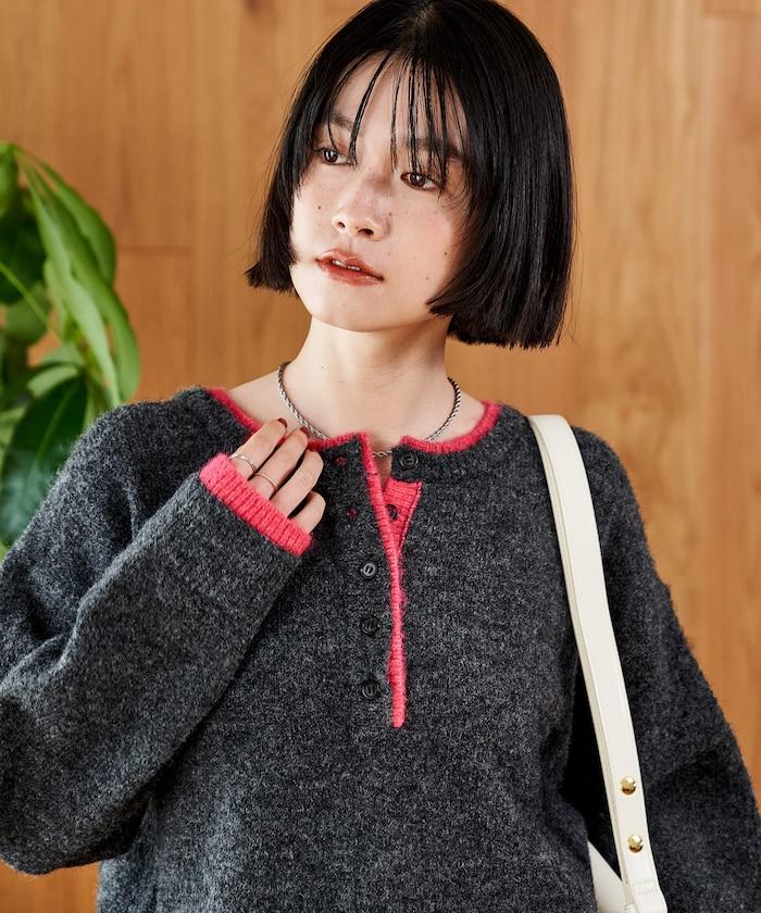 拼色亨利領針織套頭衫