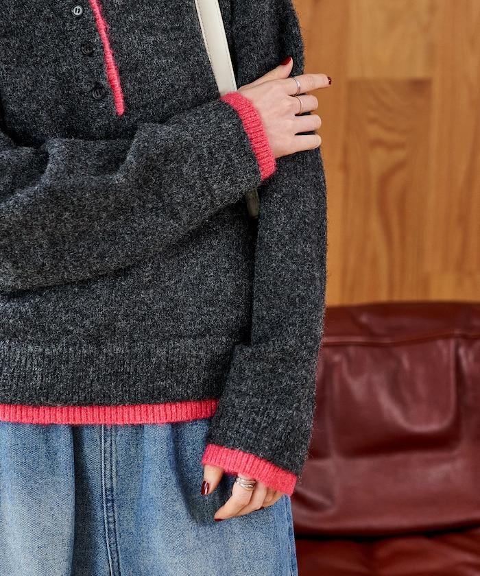 拼色亨利領針織套頭衫