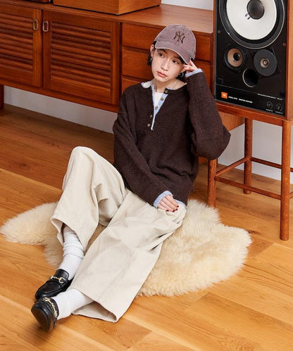 拼色亨利領針織套頭衫