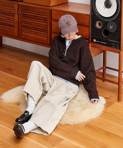 拼色亨利領針織套頭衫