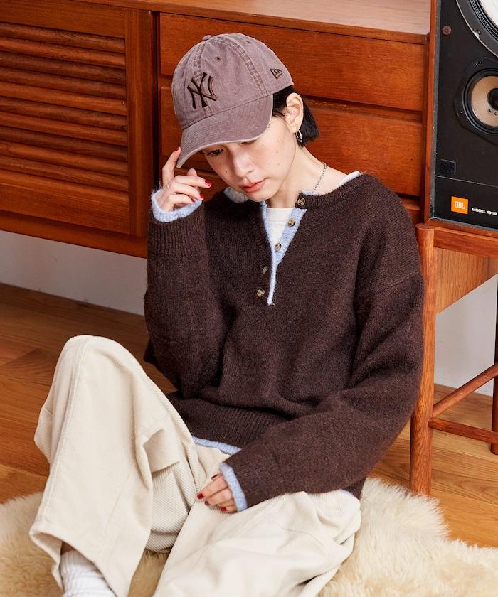 拼色亨利領針織套頭衫