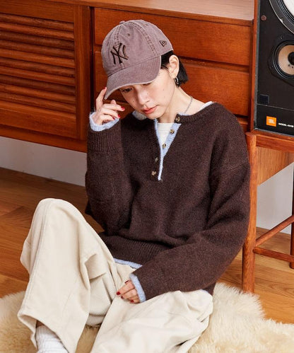 拼色亨利領針織套頭衫