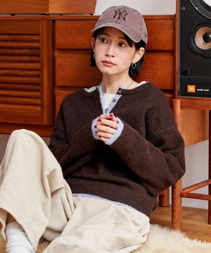 拼色亨利領針織套頭衫