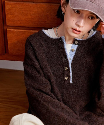 拼色亨利領針織套頭衫