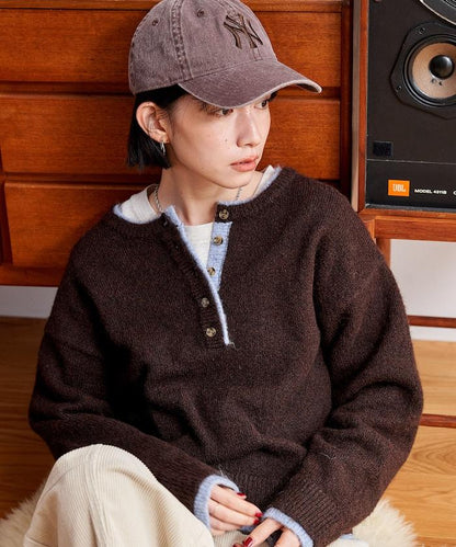 拼色亨利領針織套頭衫