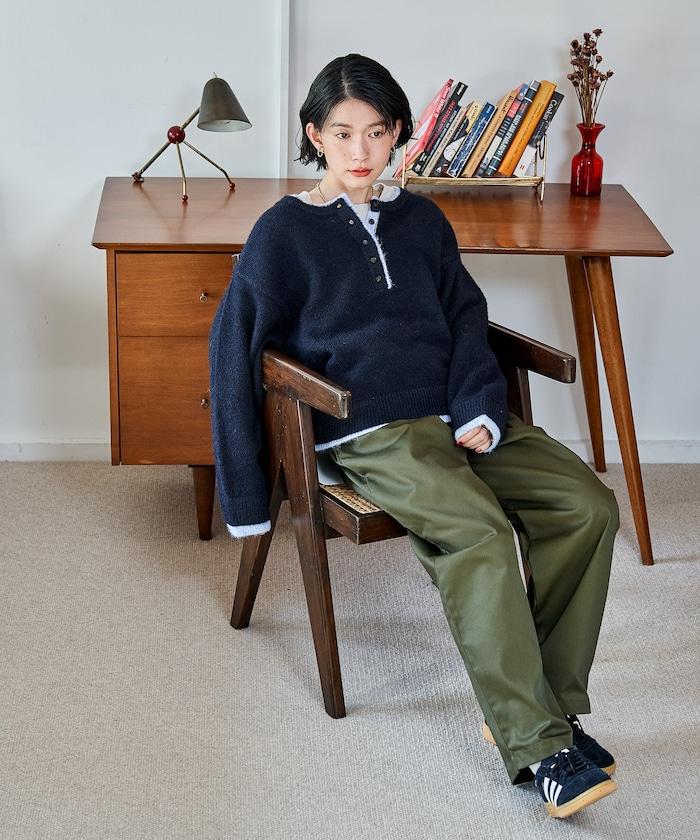 拼色亨利領針織套頭衫