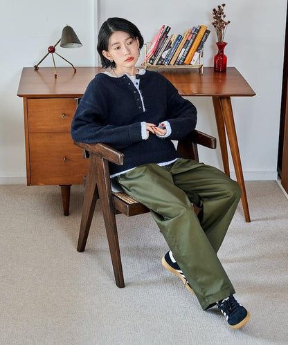 拼色亨利領針織套頭衫