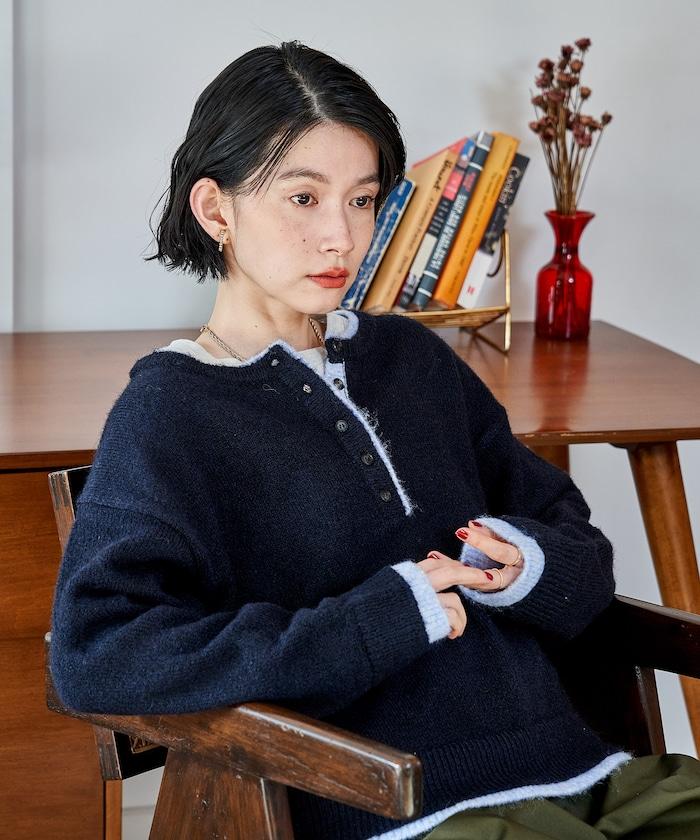 拼色亨利領針織套頭衫