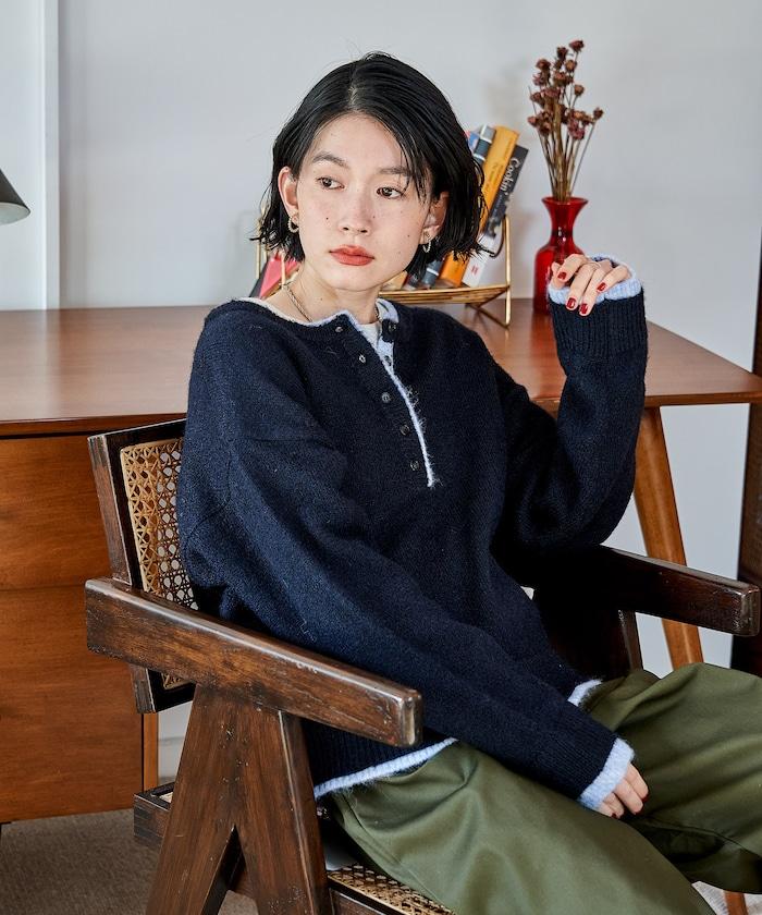 拼色亨利領針織套頭衫