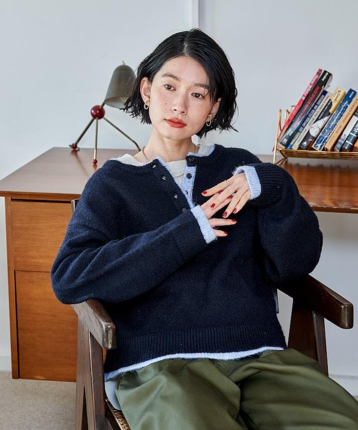 拼色亨利領針織套頭衫