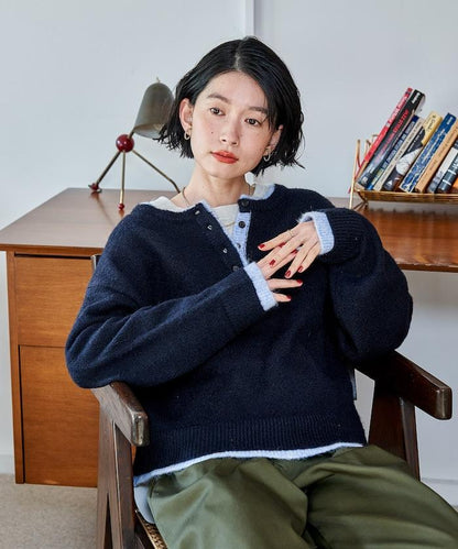 拼色亨利領針織套頭衫