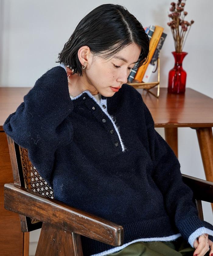 拼色亨利領針織套頭衫