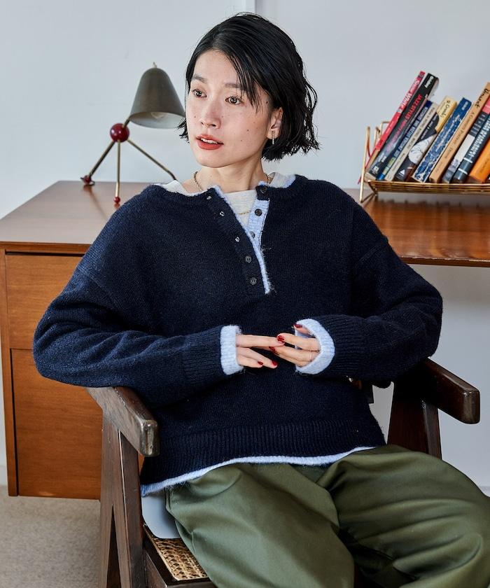 拼色亨利領針織套頭衫