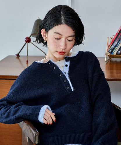 拼色亨利領針織套頭衫