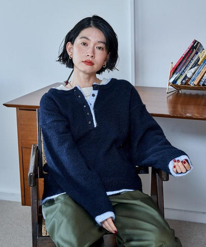 拼色亨利領針織套頭衫